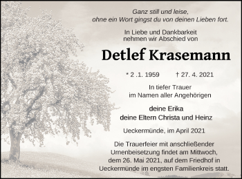 Traueranzeige von Detlef Krasemann von Haff-Zeitung