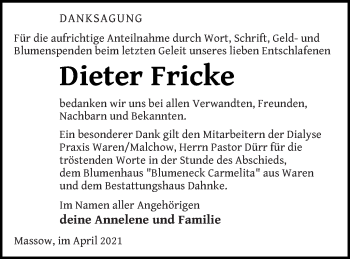 Traueranzeige von Dieter Fricke von Müritz-Zeitung