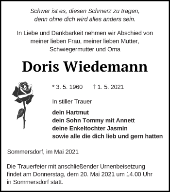 Traueranzeige von Doris Wiedemann von Demminer Zeitung