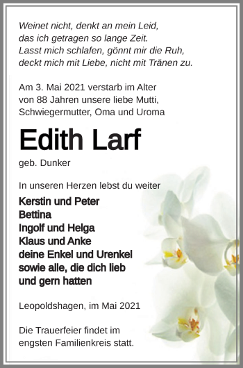 Traueranzeige von Edith Larf von Haff-Zeitung