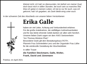 Traueranzeige von Erika Galle von Prenzlauer Zeitung