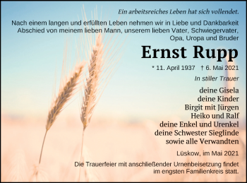 Traueranzeige von Ernst Rupp von Vorpommern Kurier