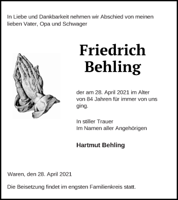Traueranzeige von Friedrich Behling von Müritz-Zeitung