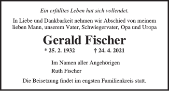 Traueranzeige von Gerald Fischer von Norddeutsche Neueste Nachrichten