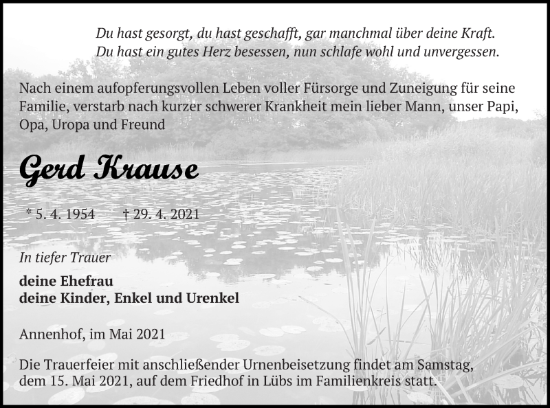  Traueranzeige für Gerd Krause vom 08.05.2021 aus Haff-Zeitung