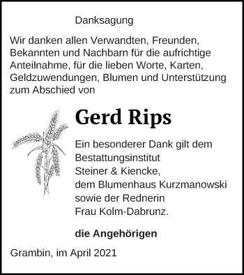 Traueranzeige von Gerd Rips von Haff-Zeitung