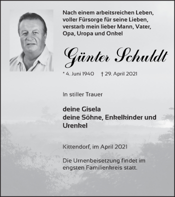 Traueranzeige von Günter Schuldt von Mecklenburger Schweiz