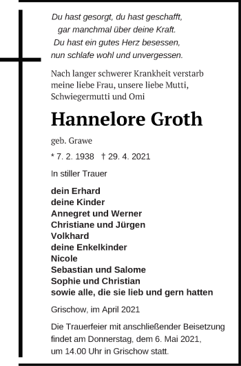 Traueranzeige von Hannelore Groth von Neubrandenburger Zeitung