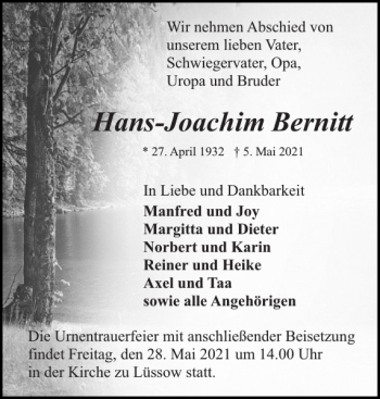 Traueranzeige von Hans-Joachim Bernitt von Güstrower Anzeiger