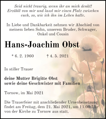 Traueranzeige von Hans-Joachim Obst von Prenzlauer Zeitung