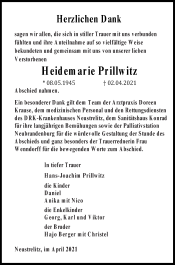 Traueranzeige von Heidemarie Prillwitz von Strelitzer Zeitung