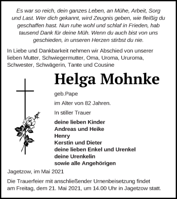 Traueranzeige von Helga Mohnke von Vorpommern Kurier