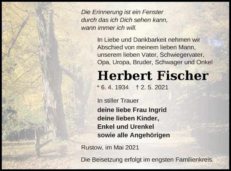  Traueranzeige für Herbert Fischer vom 05.05.2021 aus Vorpommern Kurier