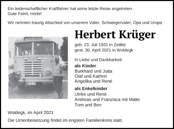 Traueranzeige von Herbert Krüger von Neubrandenburger Zeitung