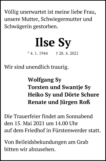 Traueranzeige von Ilse Sy von Prenzlauer Zeitung