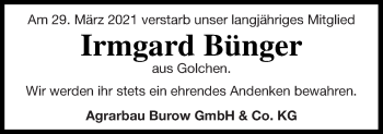 Traueranzeige von Irmgard Bünger von Treptower Tageblatt