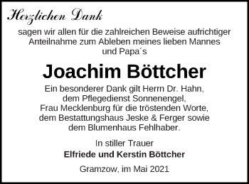 Traueranzeige von Joachim Böttcher von Prenzlauer Zeitung