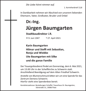 Traueranzeige von Jürgen Baumgarten von Zeitung für die Landeshauptstadt