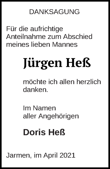 Traueranzeige von Jürgen Heß von Vorpommern Kurier