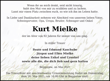 Traueranzeige von Kurt Mielke von Demminer Zeitung