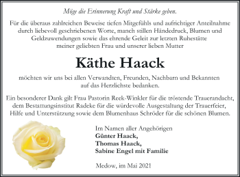 Traueranzeige von Käthe Haack von Vorpommern Kurier