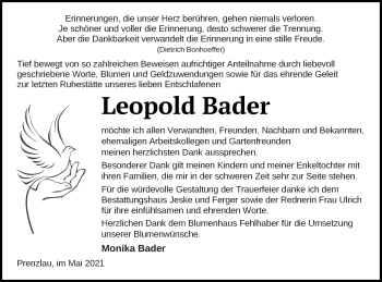 Traueranzeige von Leopold Bader von Prenzlauer Zeitung