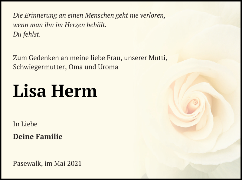  Traueranzeige für Lisa Herm vom 07.05.2021 aus Pasewalker Zeitung