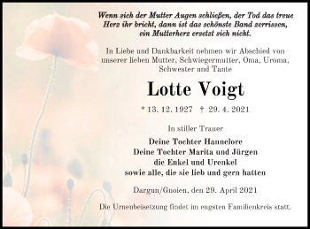 Traueranzeige von Lotte Voigt von Mecklenburger Schweiz