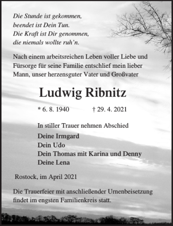 Traueranzeige von Ludwig Ribnitz von Norddeutsche Neueste Nachrichten