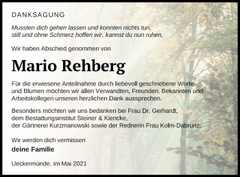 Traueranzeige von Mario Rehberg von Haff-Zeitung