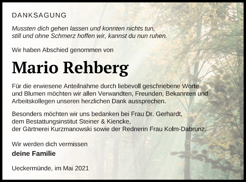  Traueranzeige für Mario Rehberg vom 08.05.2021 aus Haff-Zeitung