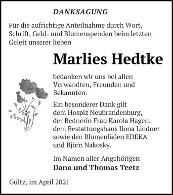 Traueranzeige von Marlies Hedtke von Neubrandenburger Zeitung