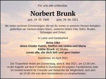 Traueranzeige von Norbert Brunk von Vorpommern Kurier