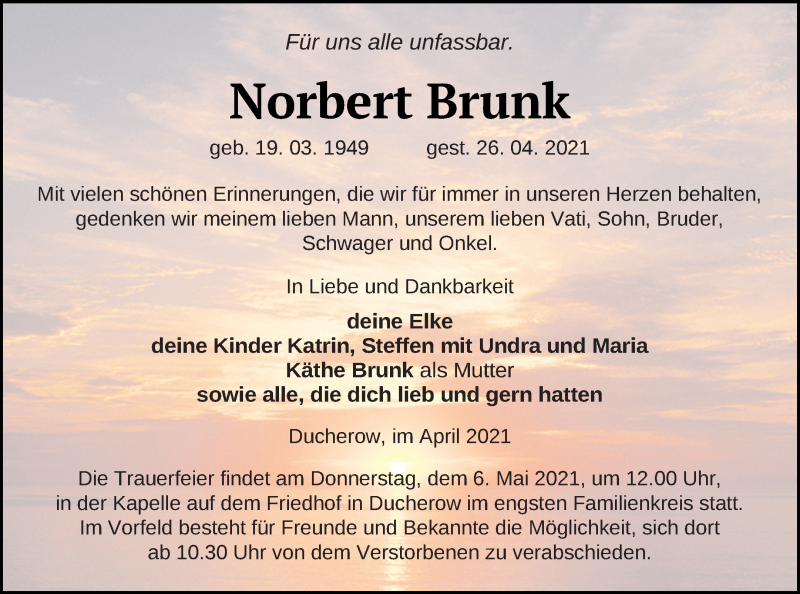  Traueranzeige für Norbert Brunk vom 04.05.2021 aus Vorpommern Kurier
