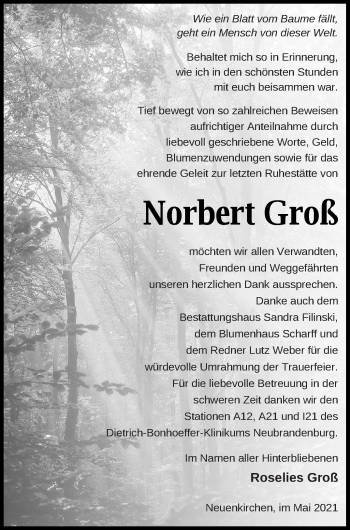 Traueranzeige von Norbert Groß von Neubrandenburger Zeitung