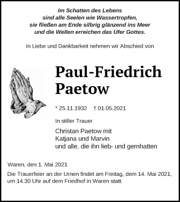 Traueranzeige von Paul-Friedrich Paetow von Müritz-Zeitung