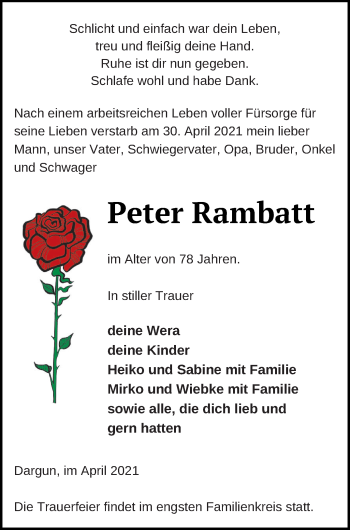 Traueranzeige von Peter Rambatt von Mecklenburger Schweiz