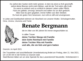 Traueranzeige von Renate Bergmann von Strelitzer Zeitung