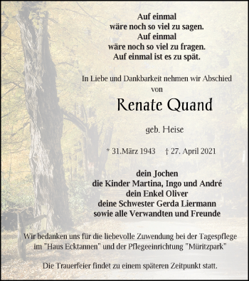 Traueranzeige von Renate Quand von Mecklenburger Schweiz