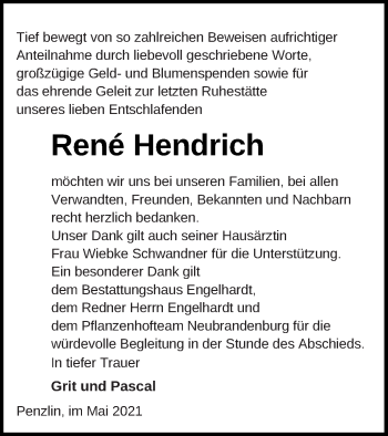 Traueranzeige von René Hendrich von Müritz-Zeitung