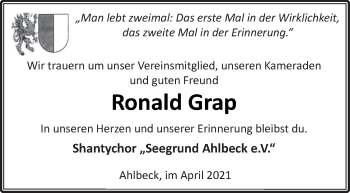 Traueranzeige von Ronald Grap von Vorpommern Kurier