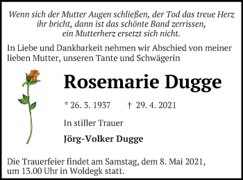 Traueranzeige von Rosemarie Dugge von Strelitzer Zeitung