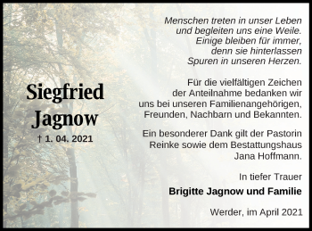 Traueranzeige von Siegfried Jagnow von Neubrandenburger Zeitung