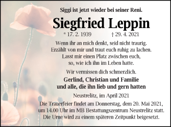 Traueranzeige von Siegfried Leppin von Mecklenburger Schweiz