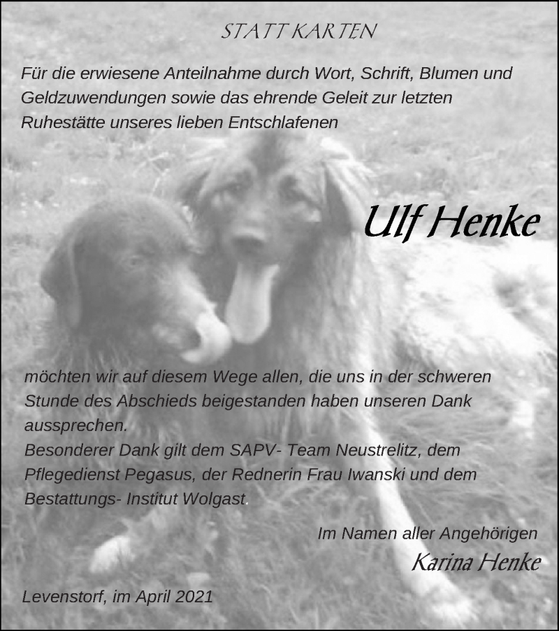  Traueranzeige für Ulf Henke vom 07.05.2021 aus Müritz-Zeitung