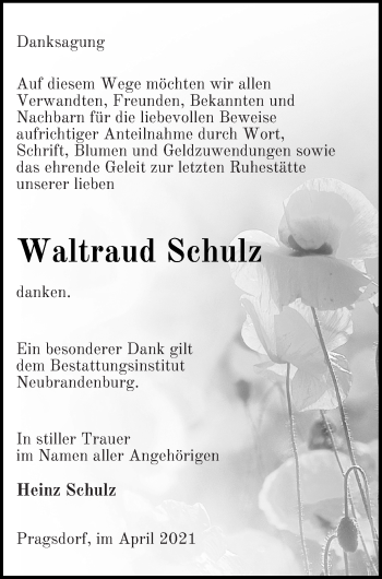 Traueranzeige von Waltraud Schulz von Neubrandenburger Zeitung