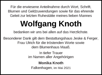 Traueranzeige von Wolfgang Knoth von Prenzlauer Zeitung