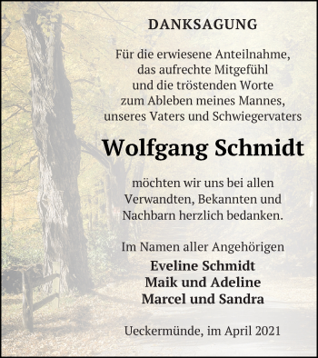 Traueranzeige von Wolfgang Schmidt von Haff-Zeitung