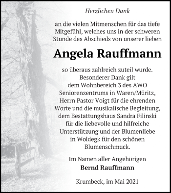 Traueranzeige von Angela Rauffmann von Strelitzer Zeitung