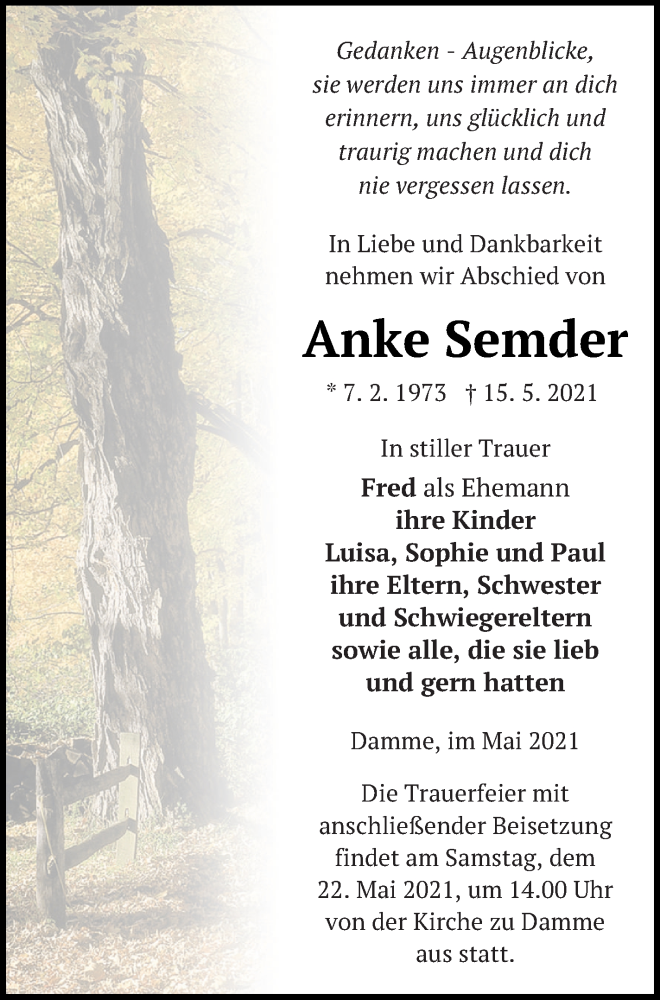  Traueranzeige für Anke Semder vom 20.05.2021 aus Prenzlauer Zeitung